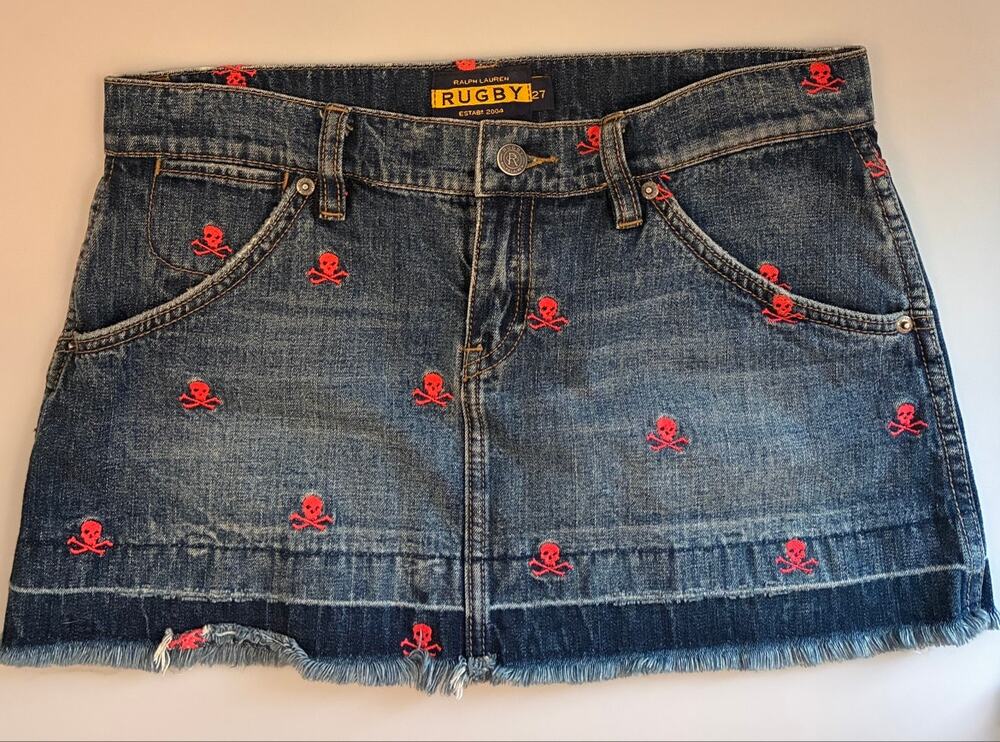 Ralph Lauren Rugby Denim Mini Skirt Red Skull Crossbones Embroidered 27 Frayed
